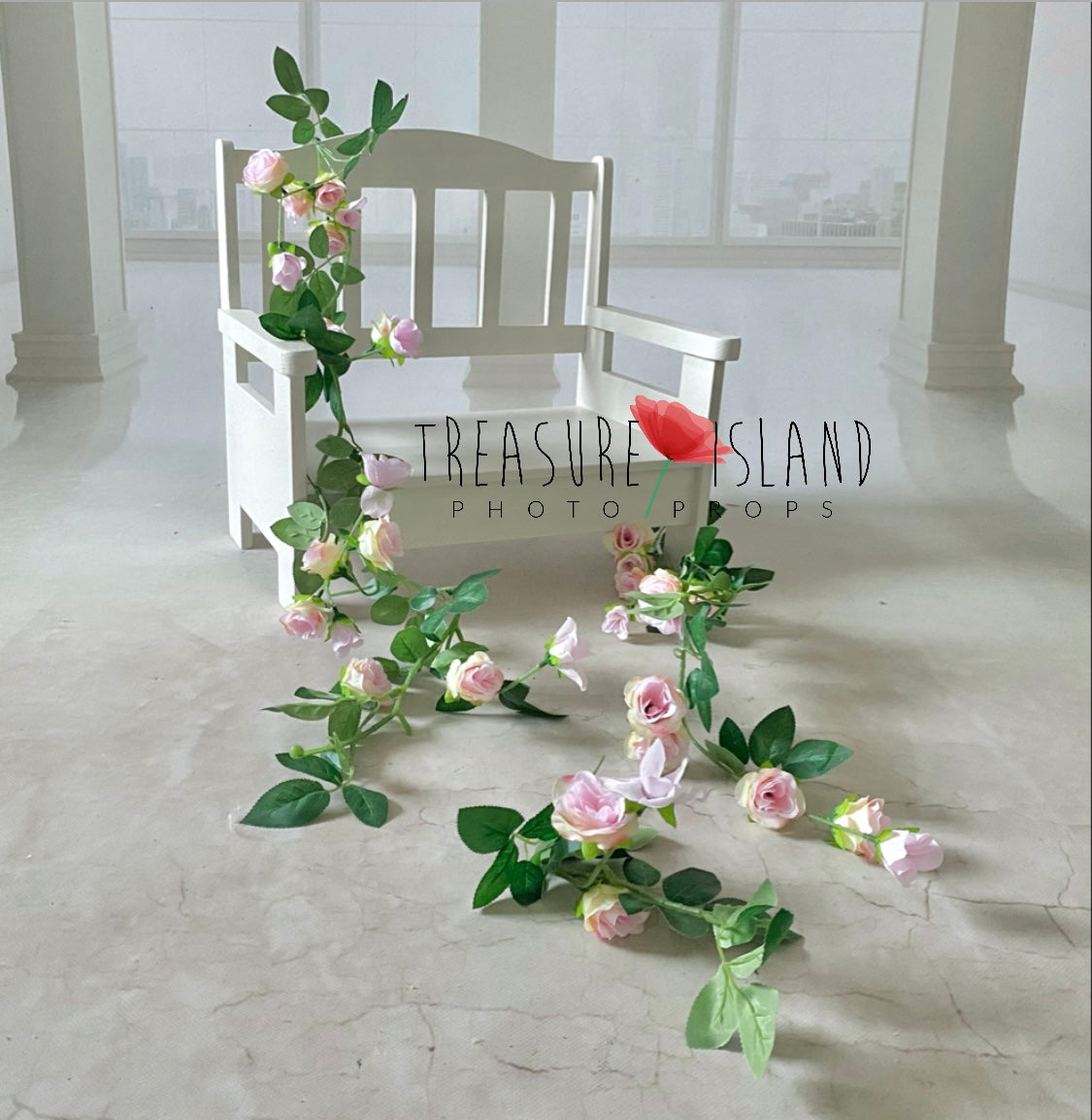 ROSES GARLANDS and WOODEN BENCH