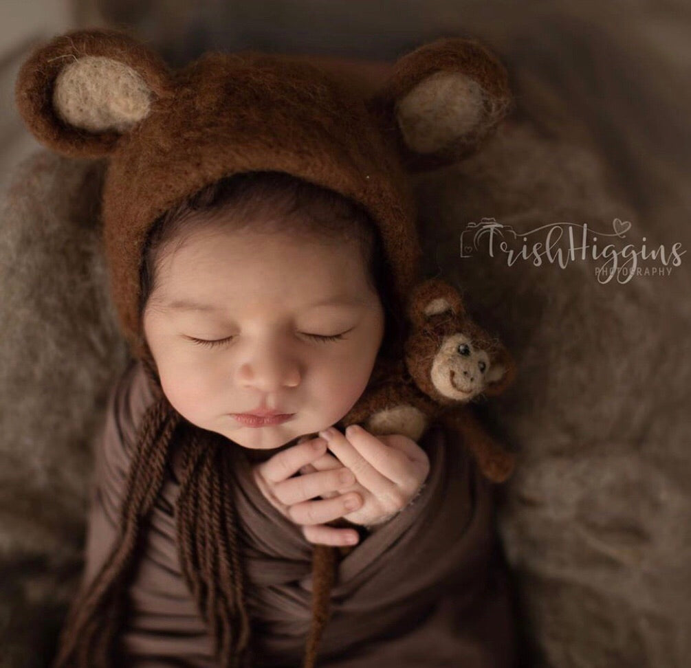 Little Monkey Dream hand-felted set styled in a newborn photography session