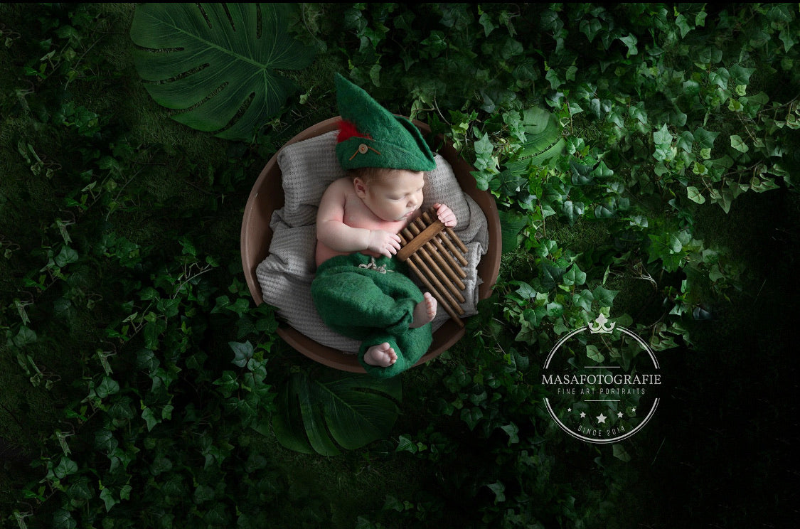 Newborn wearing Forest Green Little Woodland Wanderer felted bonnet and pants set