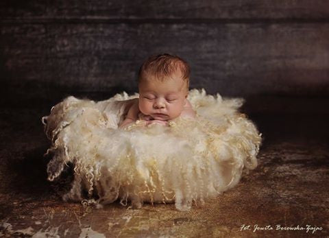 Newborn photographed in the PURE CLOUD nest styled with natural sheep curls