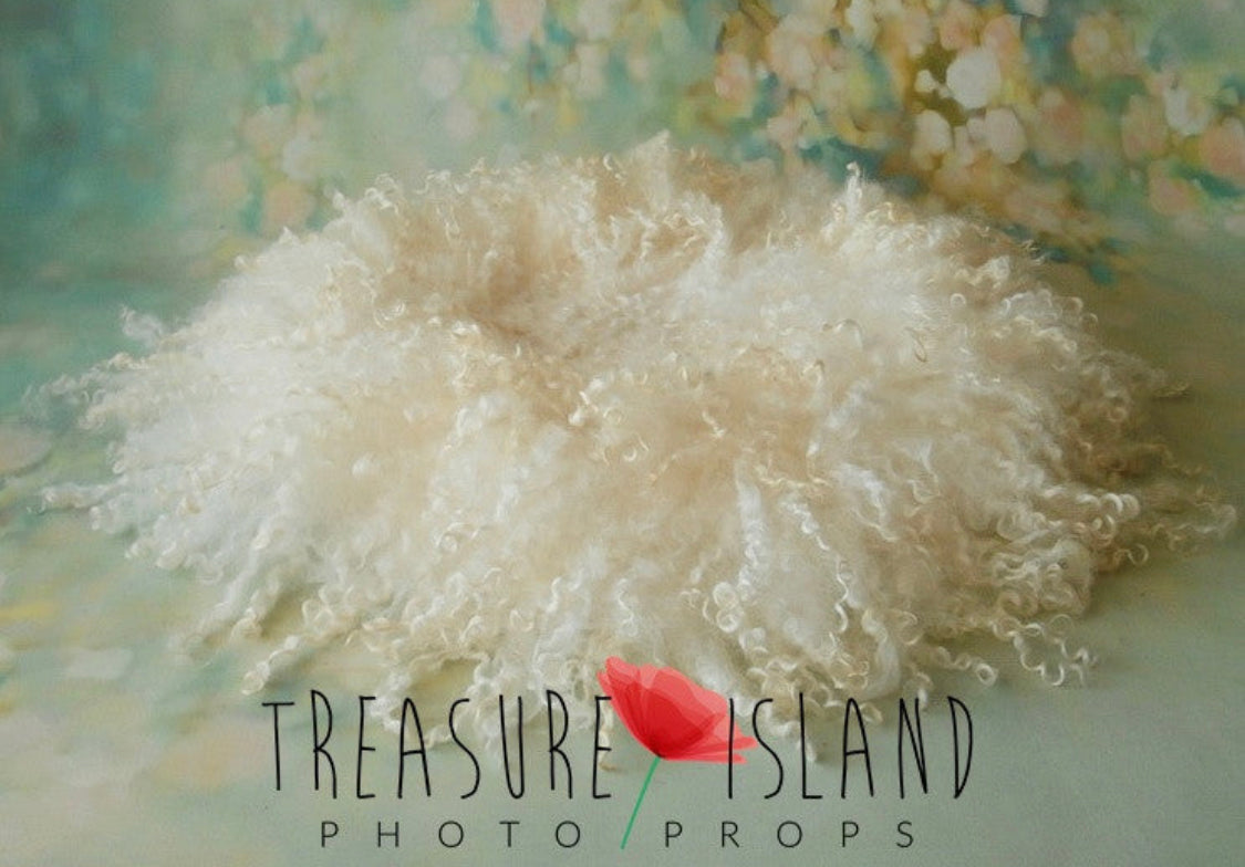 Pearl White photography blanket hand felted with long natural sheep curls