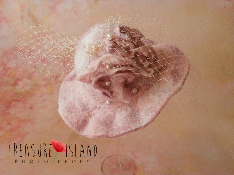 Vivienne Dusty Rose handmade felted floral hat with pearl details and delicate veil