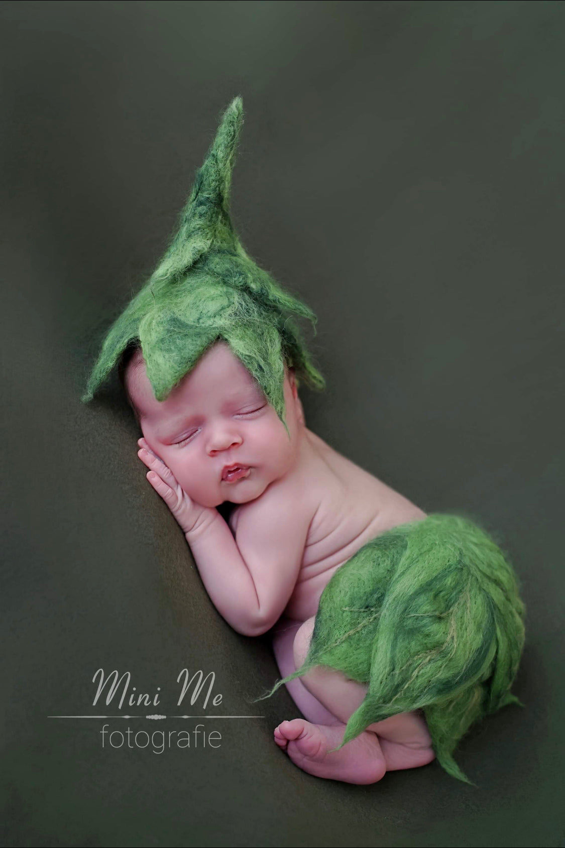 Hand-felted woodland leaf bonnet and diaper cover styled in a newborn photography session